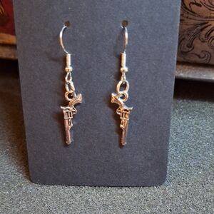 Silver Revolver Charm Drop Earrings - Women Jewelry